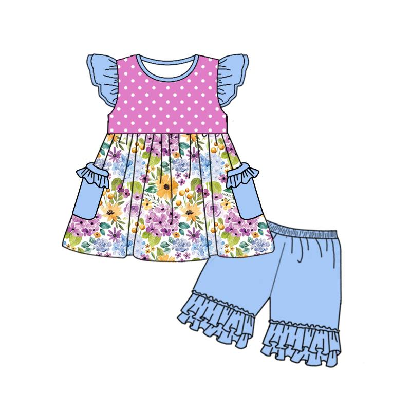 preorder GSSO1077 multi color flowers hot pink pocket flutter sleeve blue shorts girls set