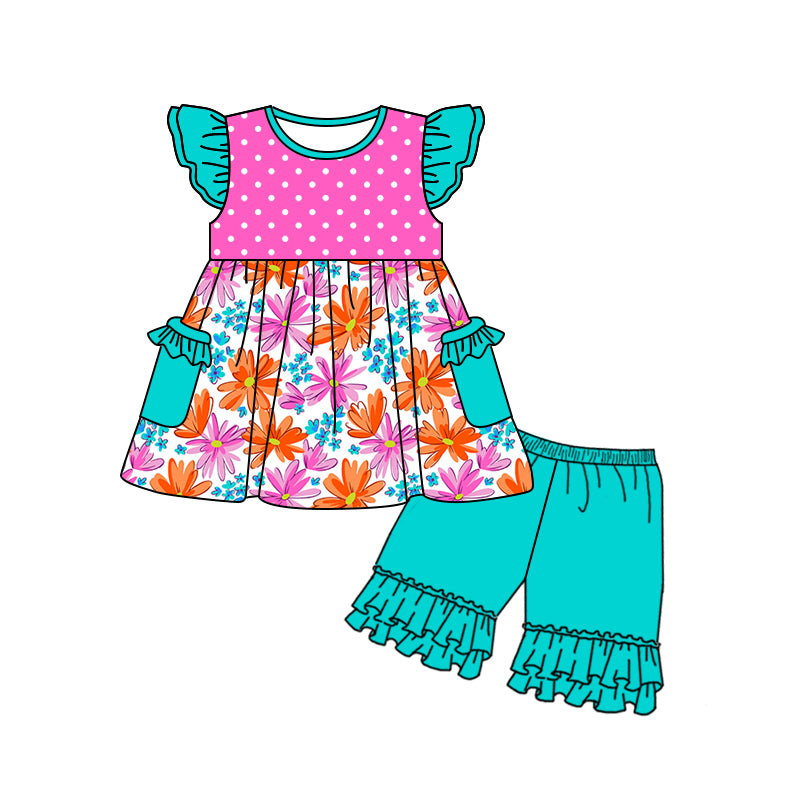 preorder GSSO1100 multi color flowers hot dot flutter sleeve blue ruffles shorts girls set Summer color set