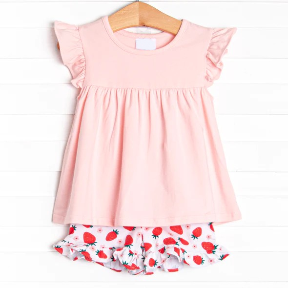 preorder GSSO1106 pink flutter sleeve strawberry shorts girls set