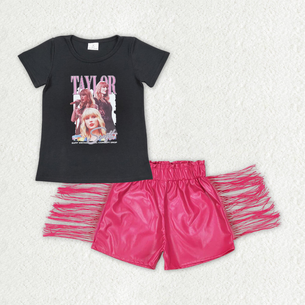 GSSO1123 country singer TS black short sleeve hot pink leather tassels shorts girls set