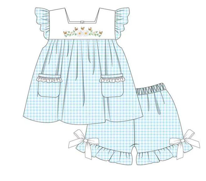 preorder GSSO1124 butterfly flowers blue checkered flutter sleeve shorts girls set