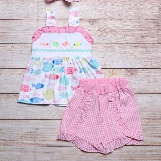 preorder GSSO1125 multi color fishing sleeveless pink checkered shorts girls set