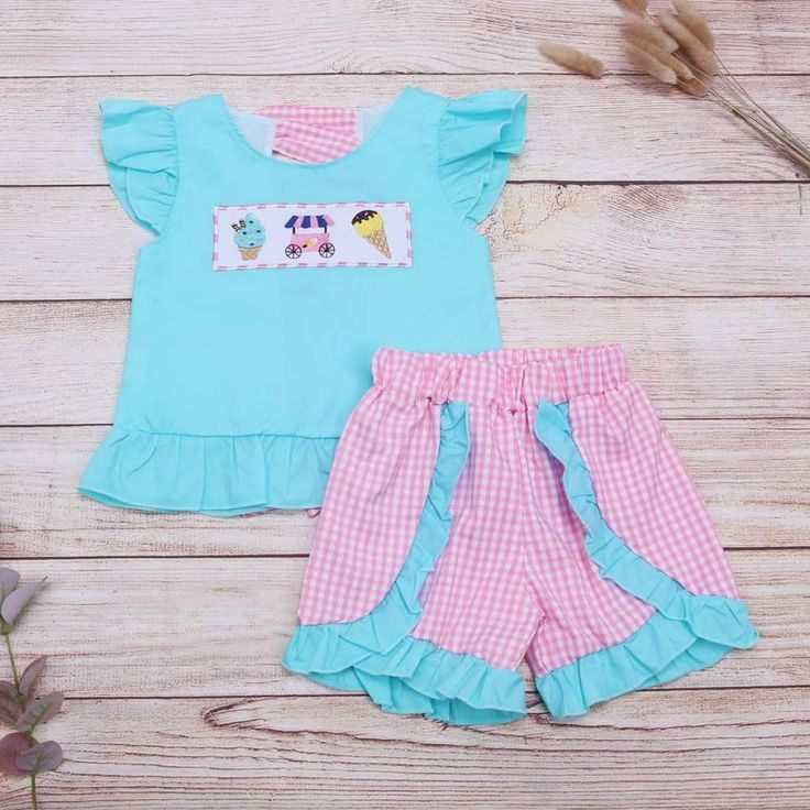 preorder GSSO1128 ice car blue flutter sleeve pink checkered shorts girls set