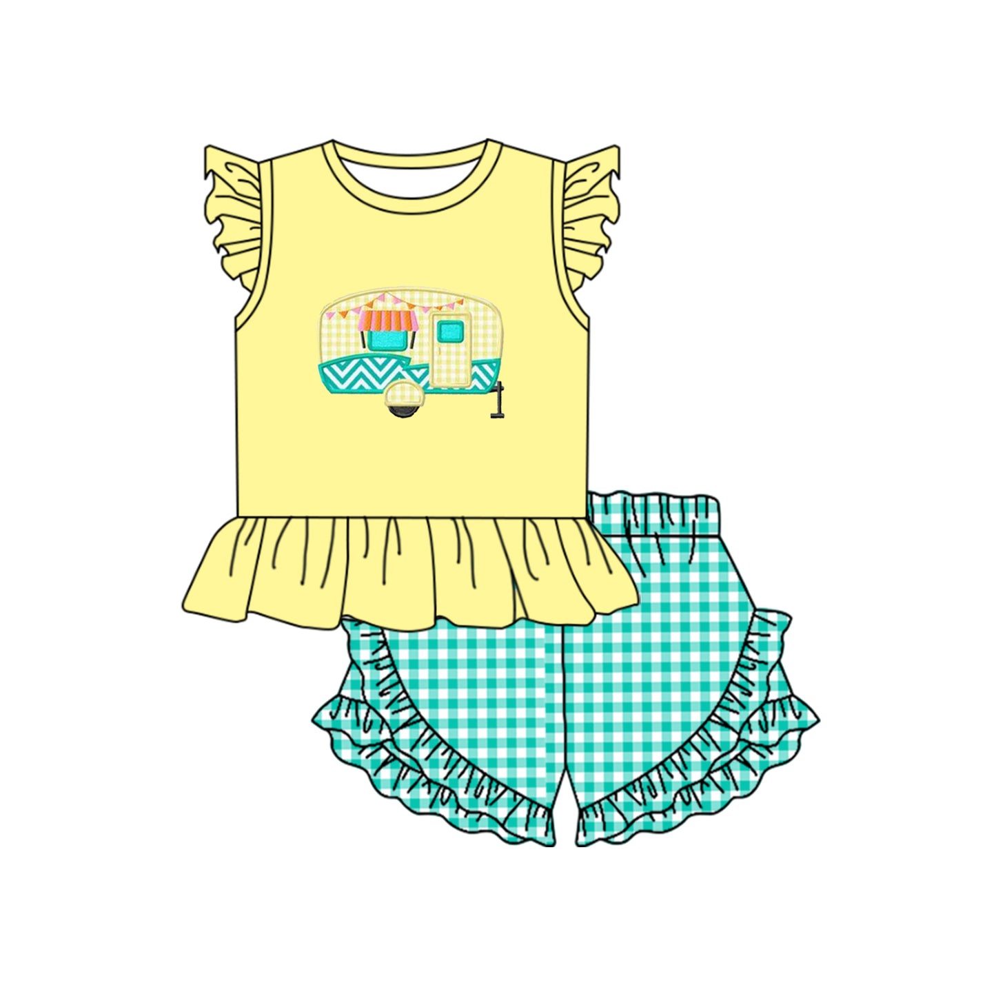 preorder GSSO1129 camping bus yellow flutter sleeve green checkered shorts girls set