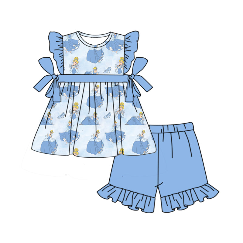 custom moq 3 blue cartoon princess flutter sleeve shorts girls set