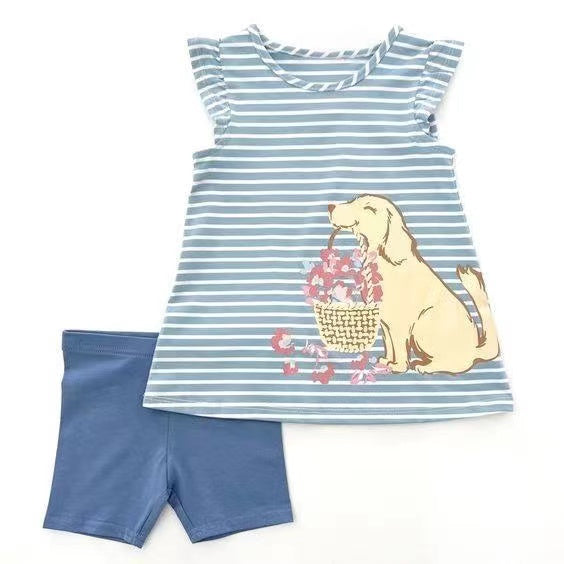 preorder GSSO1131 dog flowers striped flutter sleeve blue shorts girls set