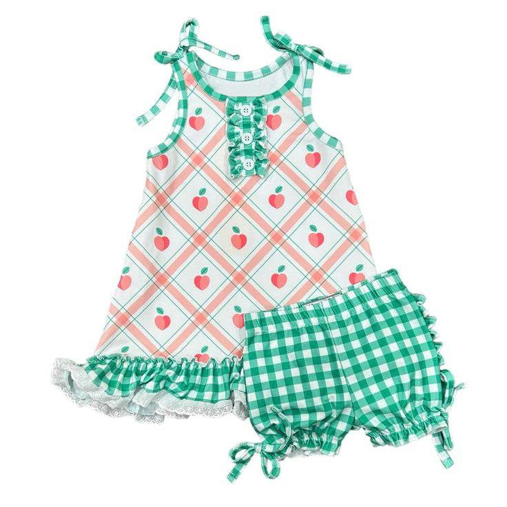 preorder GSSO1137 pink peach sleeveless green checkered shorts girls set