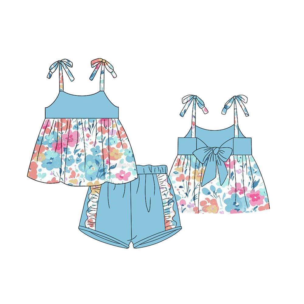 preorder GSSO1143 multi color flowers lace-up blue shorts girls set Summer set