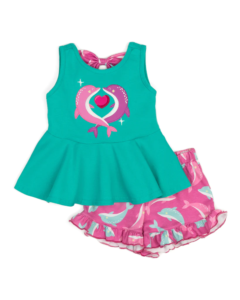 preorder GSSO1144 dolphin heart green sleeveless pink ruffles shorts girls set