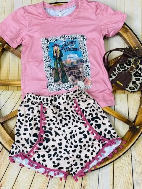 preorder GSSO1150 pop singer pink short sleeve cow print leopard shorts girls set