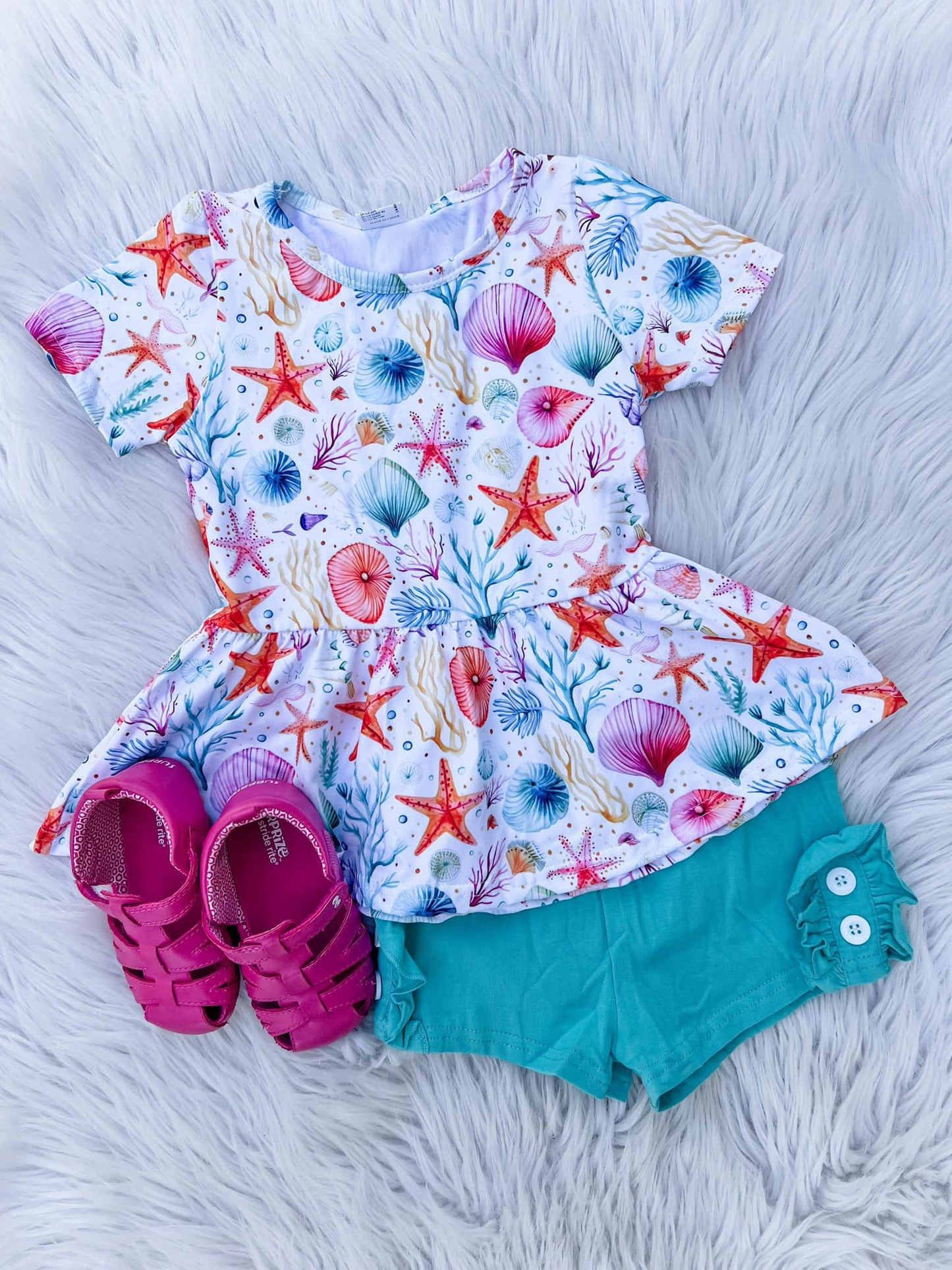 preorder GSSO1153 Sea starfish shell short sleeve blue shorts girls Summer set