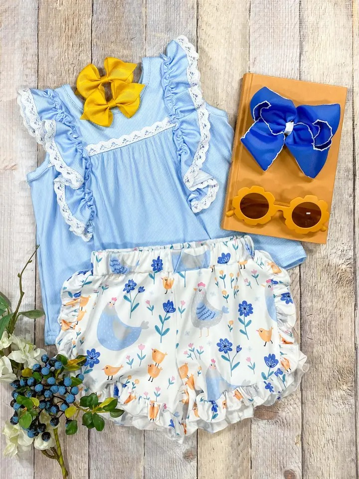 preorder GSSO1192 blue ruffles top chick cute animals shorts girls set