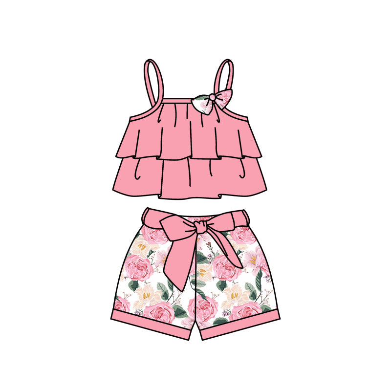 preorder GSSO1212 pink camisole top pink flowers shorts girls set