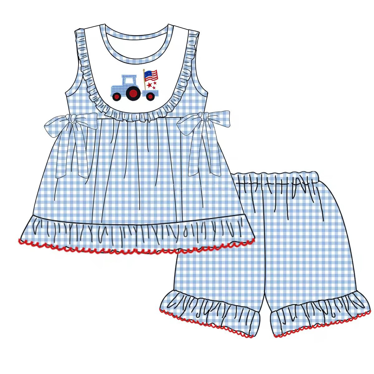 preorder GSSO1237 truck flag blue checkered bow sleeveless shorts girls set