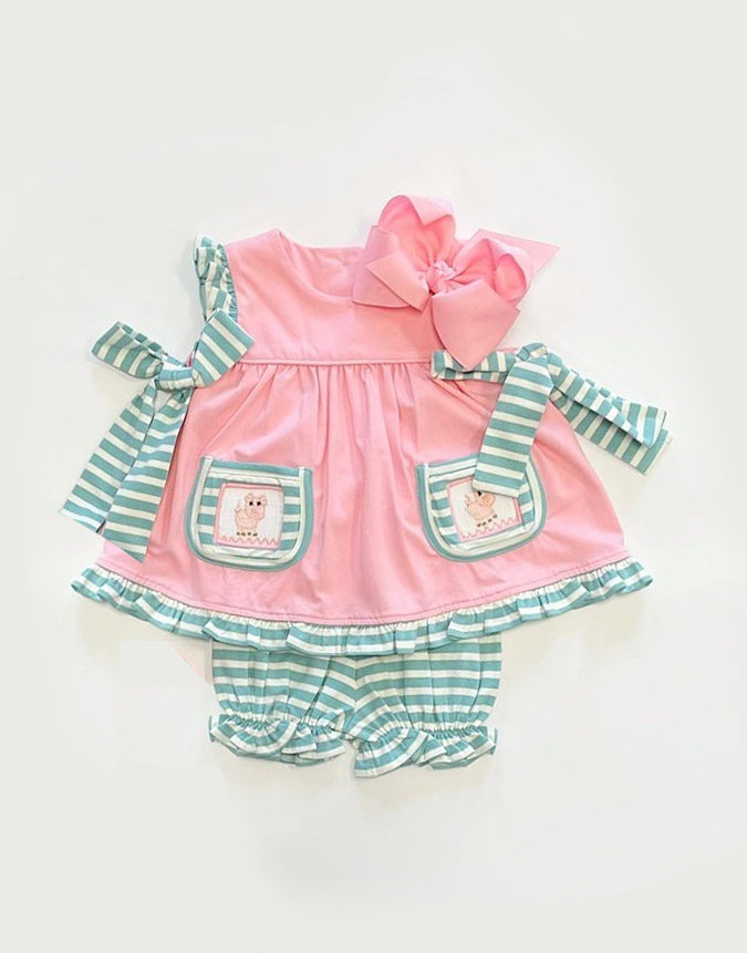 preorder GSSO1256 cute pig pockets sleeveless green striped shorts girls set