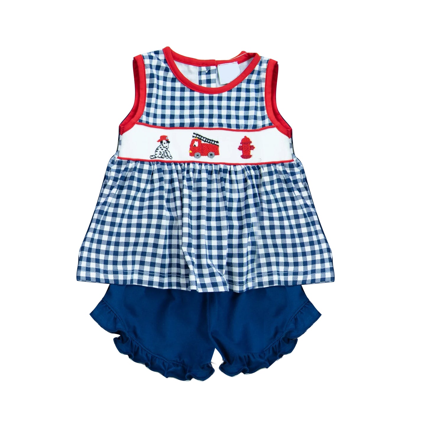 preorder GSSO1262 cute firetruck dog blue checkered sleeveless blue shorts girls set