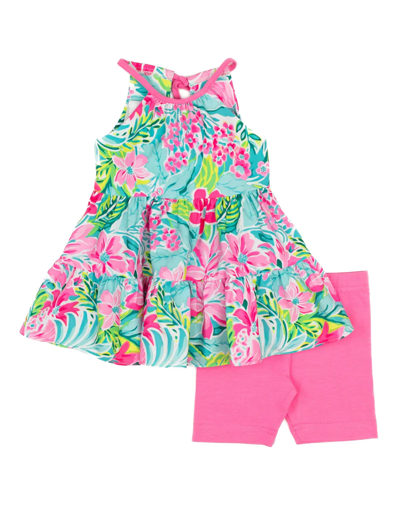 preorder GSSO1280 colorful flowers blue sleeveless hot pink shorts girls set