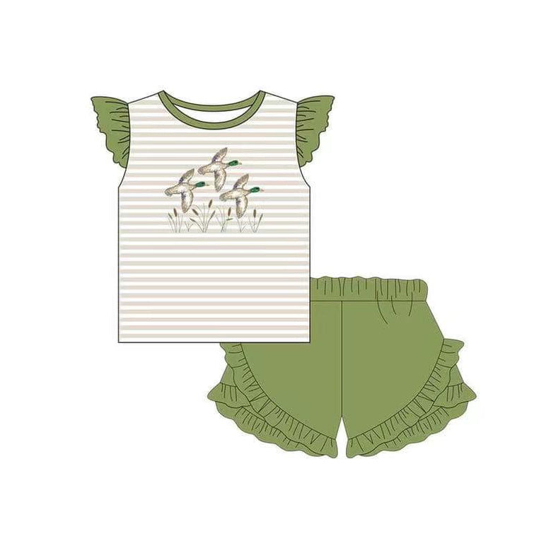 preorder GSSO1285 mallard duck khaki striped flutter sleeve green shorts girls set