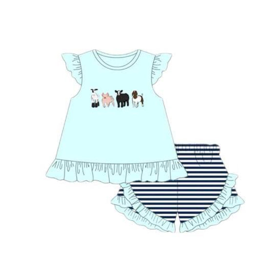 preorder GSSO1290 farm homestead animals cow sky blue flutter sleeve black striped shorts girls set