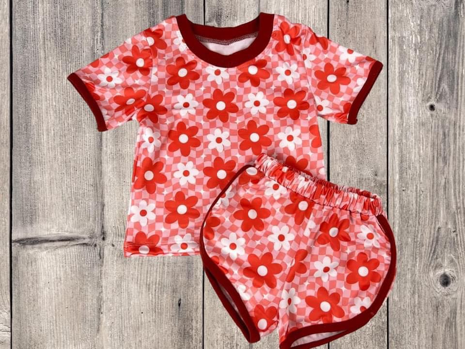 preorder GSSO1298 flowers red checkered short sleeve shorts girls set