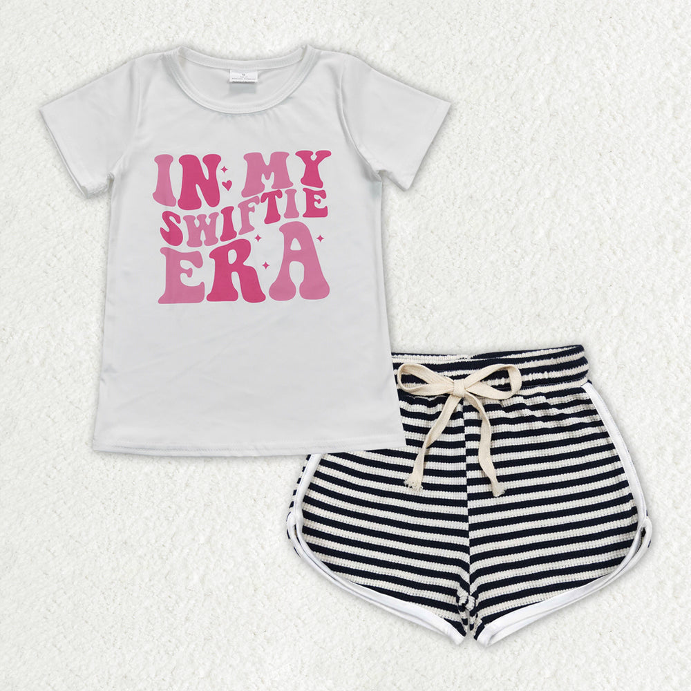 GSSO1317 in my Swiftie era white short sleeve black striped shorts girls set