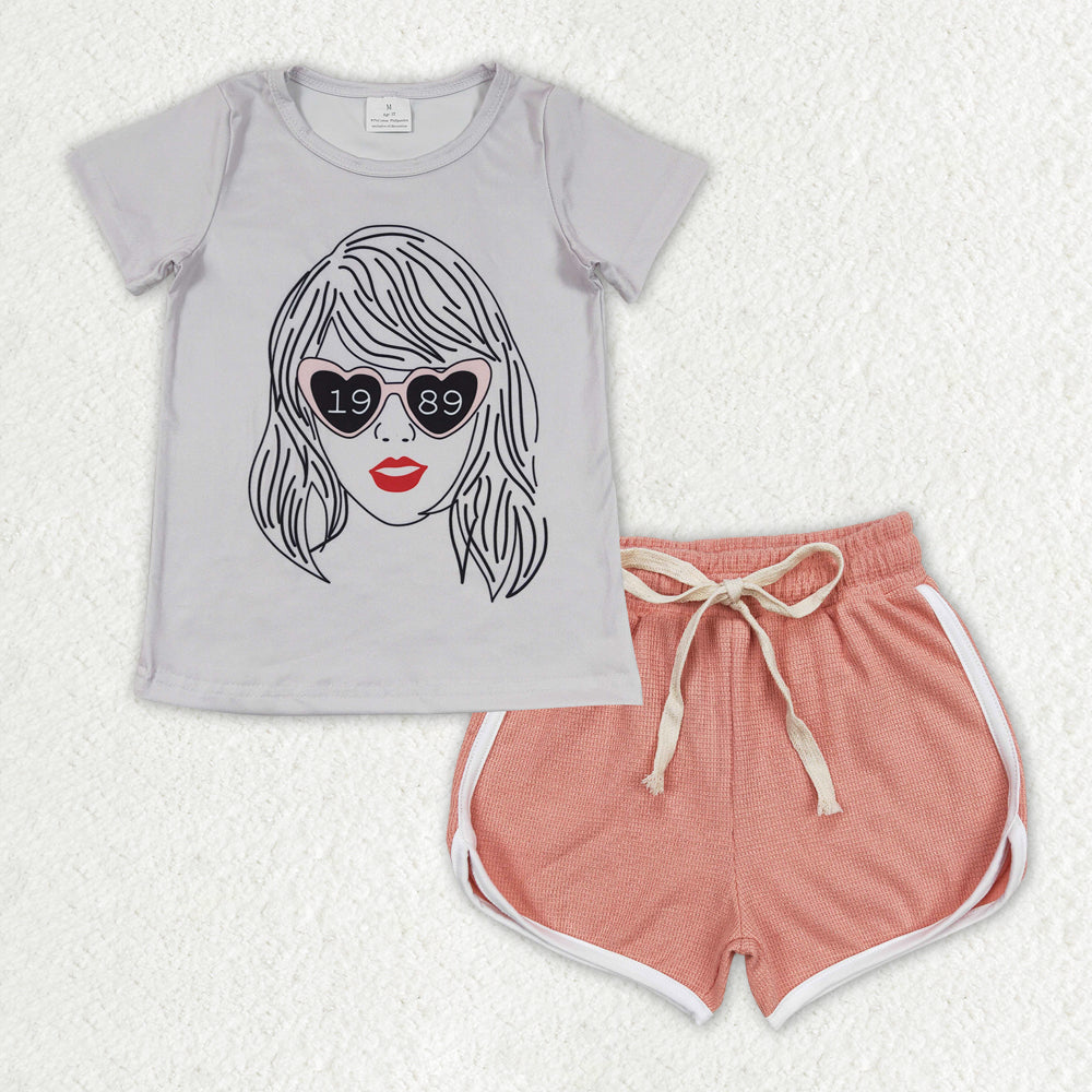 GSSO1325 country singer Taylor 1989 short sleeve orange shorts girls set