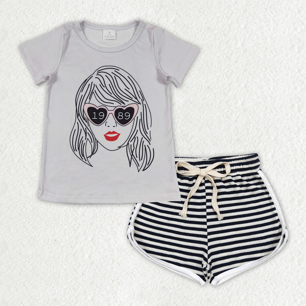 GSSO1326 country singer Taylor 1989 short sleeve black striped shorts girls set
