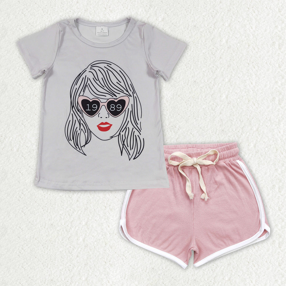 GSSO1327 country singer Taylor 1989 short sleeve pink shorts girls set