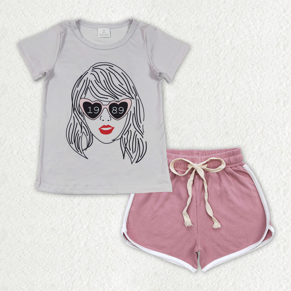 GSSO1328 country singer Taylor 1989 short sleeve dark pink shorts girls set