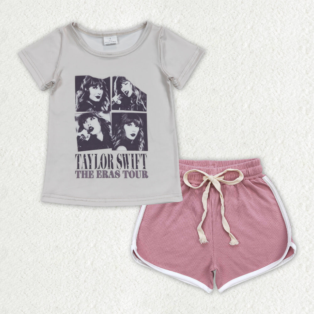 GSSO1340 country Taylor the eras tour short sleeve dark pink shorts girls set