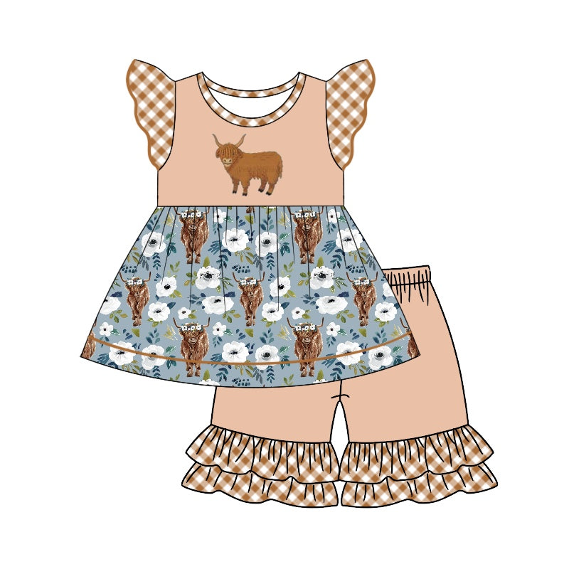 preorder GSSO1344 highland cow flowers flutter sleeve orange shorts girls dress
