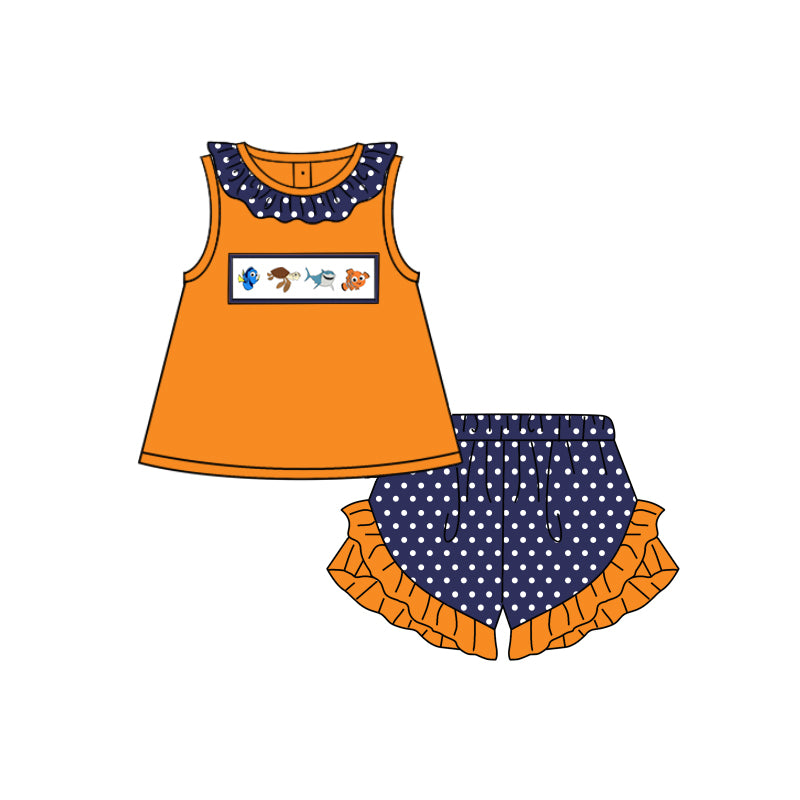 preorder GSSO1345 fish shark tortoise orange sleeveless navy blue dot shorts girls set