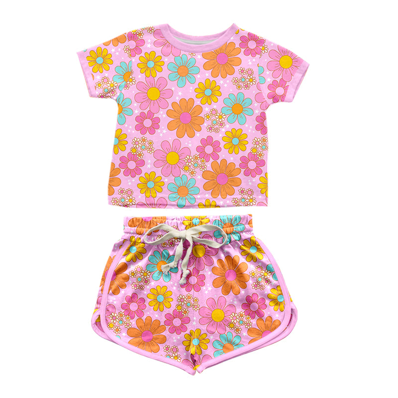 preorder GSSO1348 colorful flowers hot pink short sleeve shorts girls Summer set