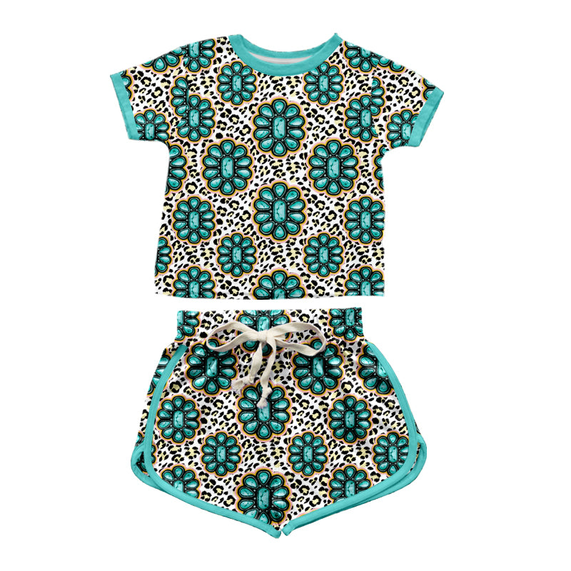 preorder GSSO1349 Western germ turquoise leopard short sleeve shorts girls set