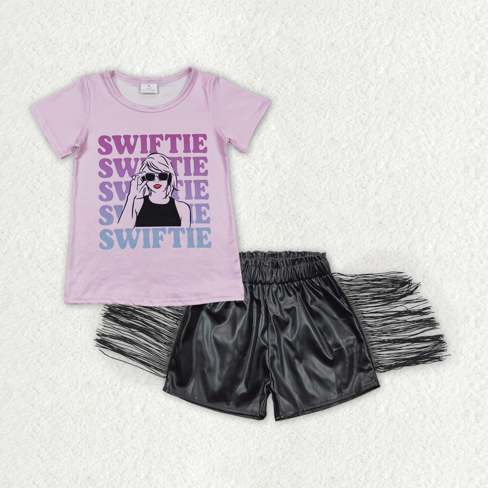 GSSO1353 country singer Swiftie purple short sleeve tassels black leather shorts girls set