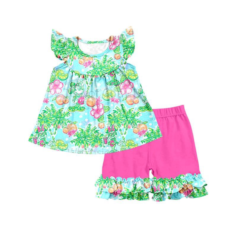 preorder GSSO1357 cartoon mouse flowers green flutter sleeve hot pink shorts girls set