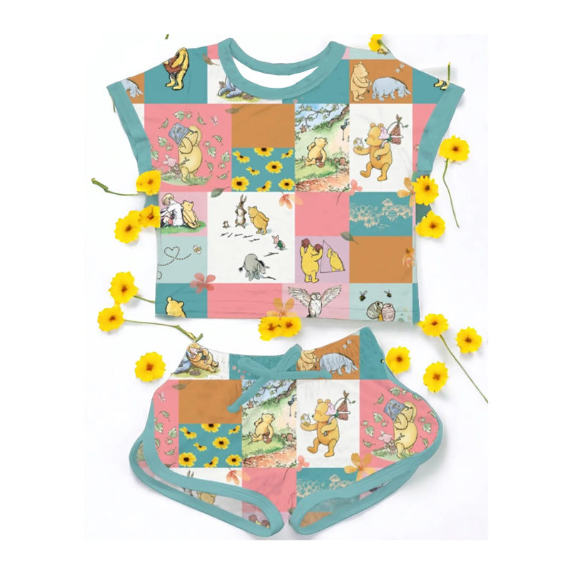 preorder GSSO1361 cute bear flowers checkered short sleeve shorts girls set