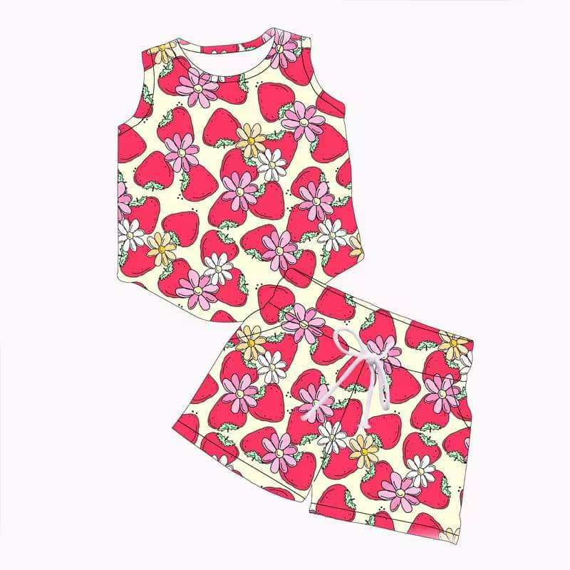preorder GSSO1364 cute red strawberry flowers sleeveless shorts girls set