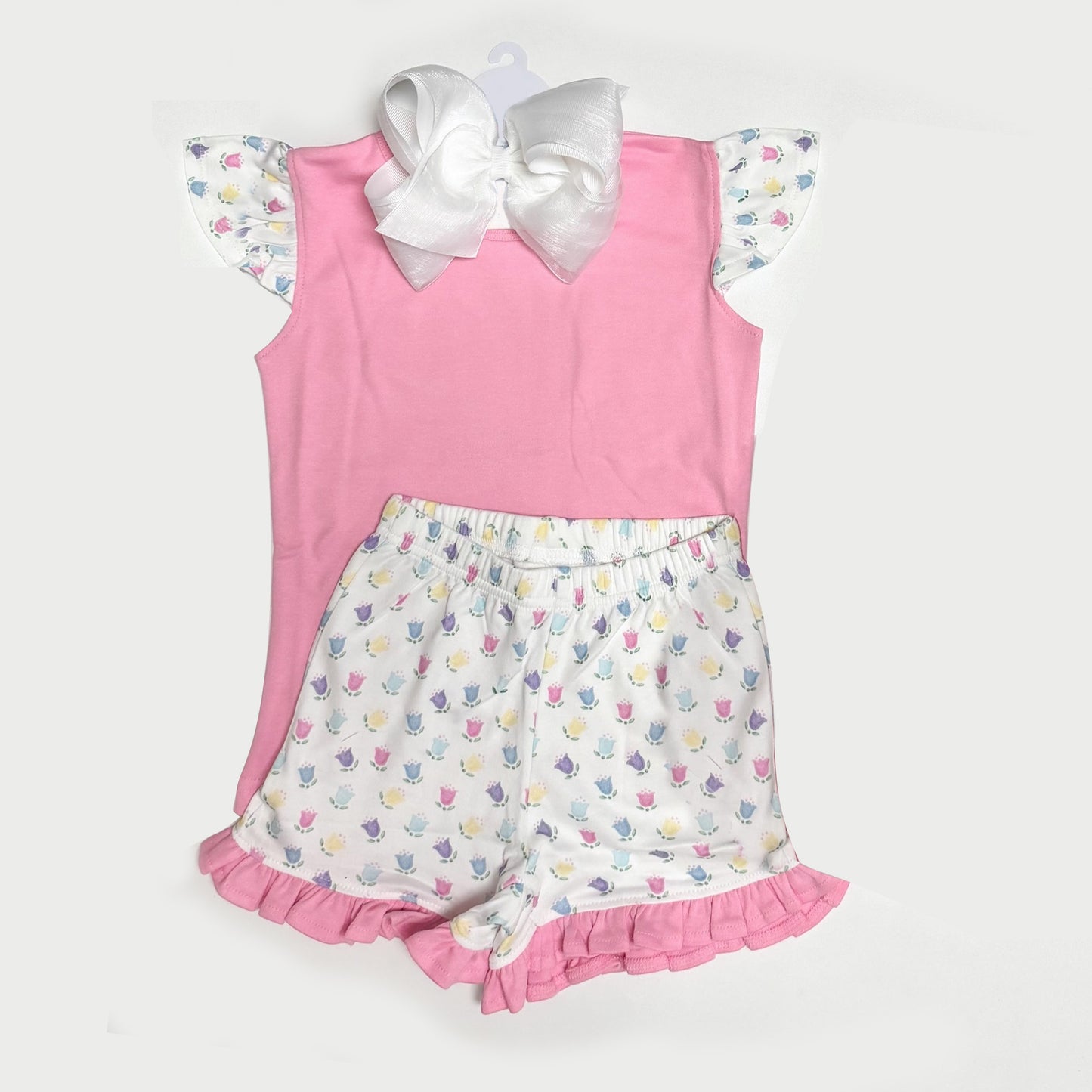 preorder GSD1310 pink flutter sleeve cute tulip shorts girls set