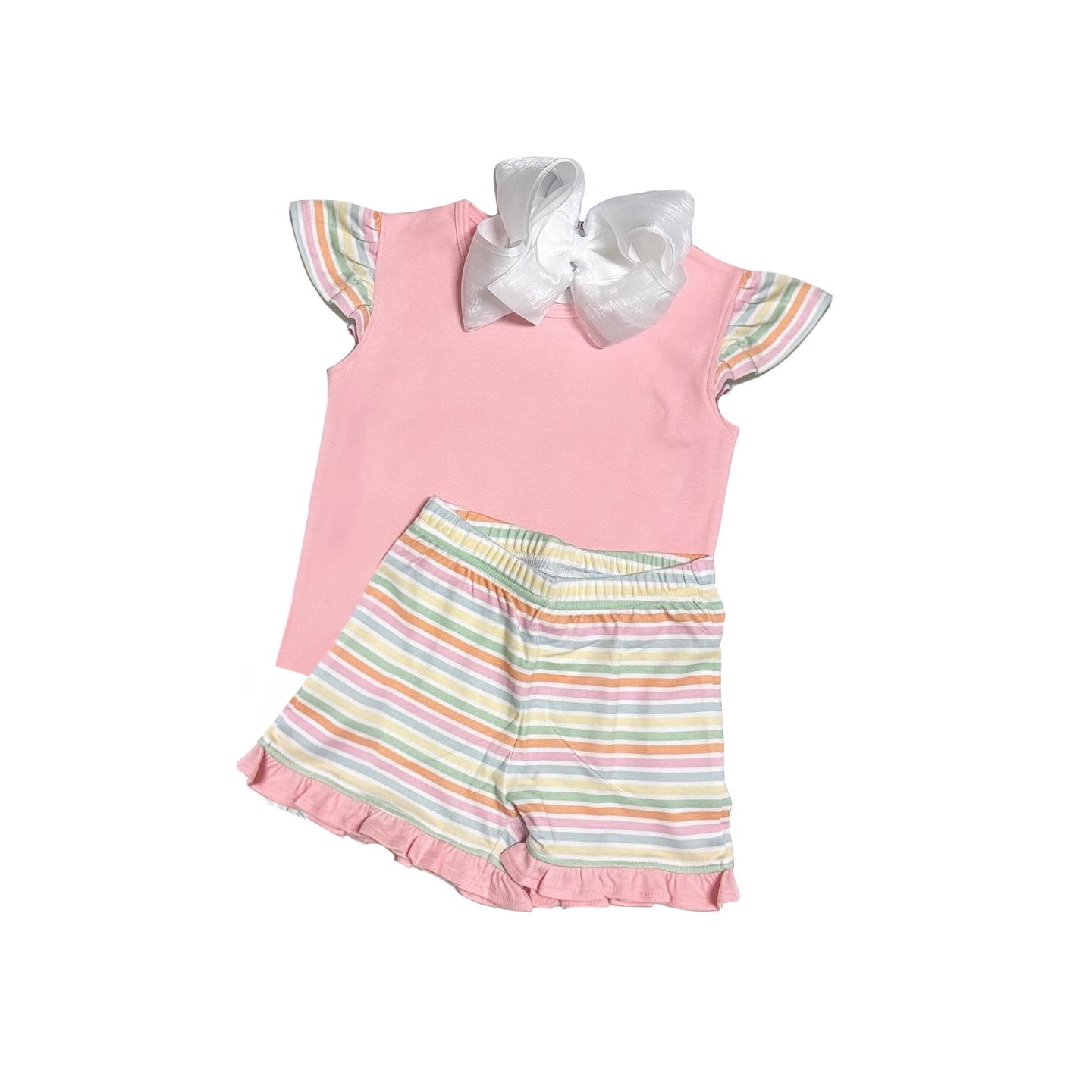 preorder GSSO1369 pink flutter sleeve rainbow colorful striped shorts girls set