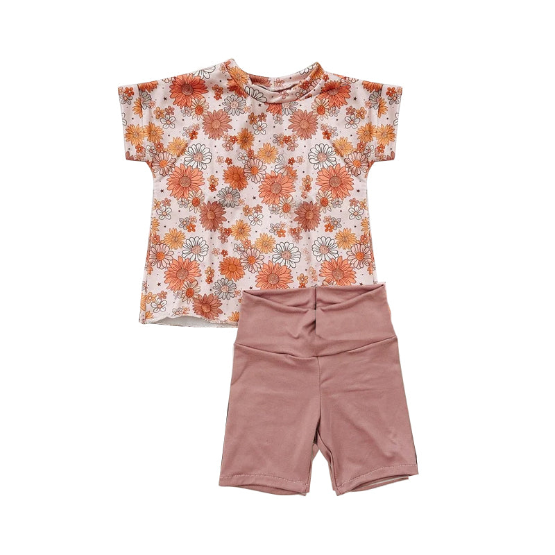 preorder GSSO1370 multi color flowers short sleeve pink shorts girls set