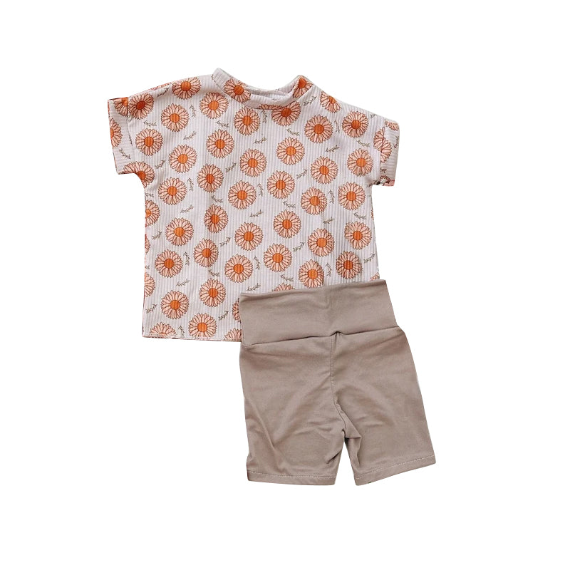 preorder GSSO1372 multi color flowers short sleeve khaki shorts girls set