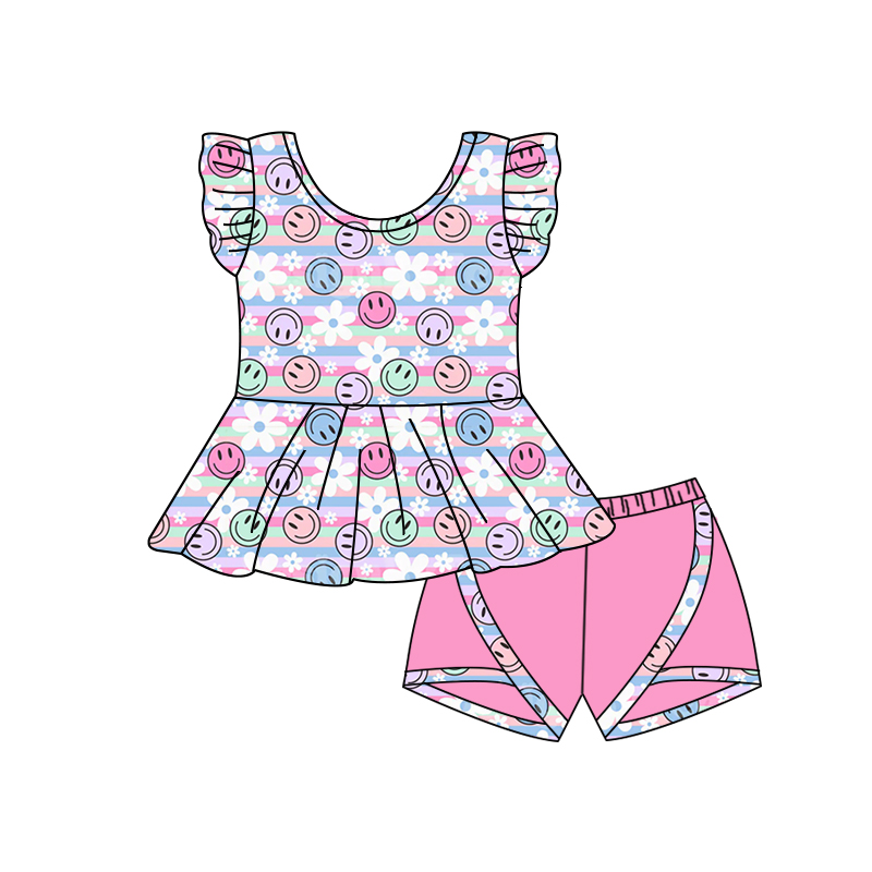 preorder GSSO1374 colorful smile rainbow striped flowers sleeveless pink shorts girls set