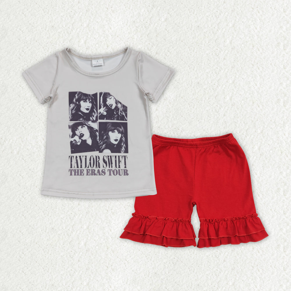 GSSO1376 country singer 1989 short sleeve red ruffles shorts girls set