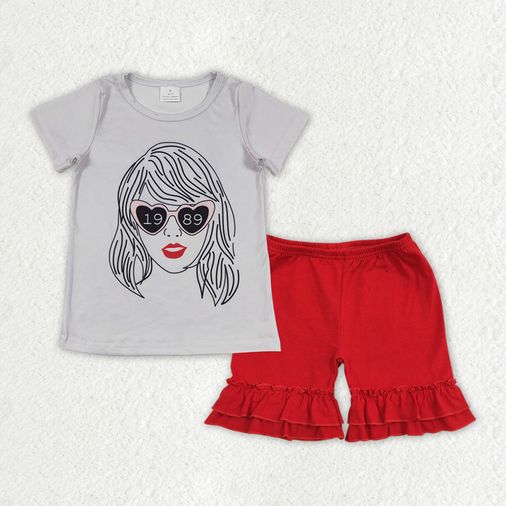 GSSO1377 country singer 1989 short sleeve red ruffles shorts girls set