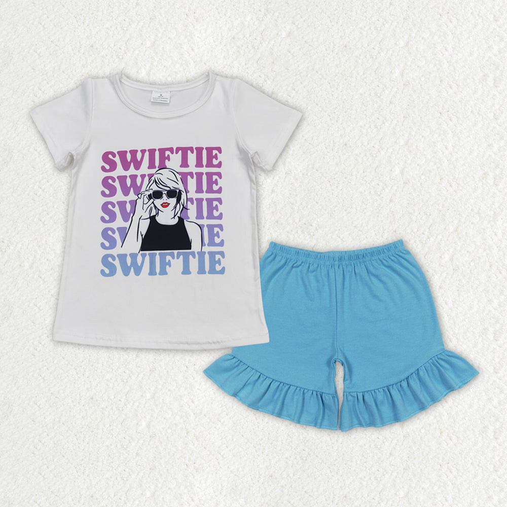 GSSO1381 country singer swiftie short sleeve blue ruffles shorts girls set