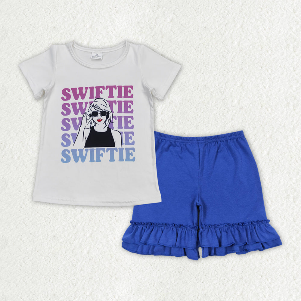 GSSO1382 country singer swiftie short sleeve dark blue ruffles shorts girls set