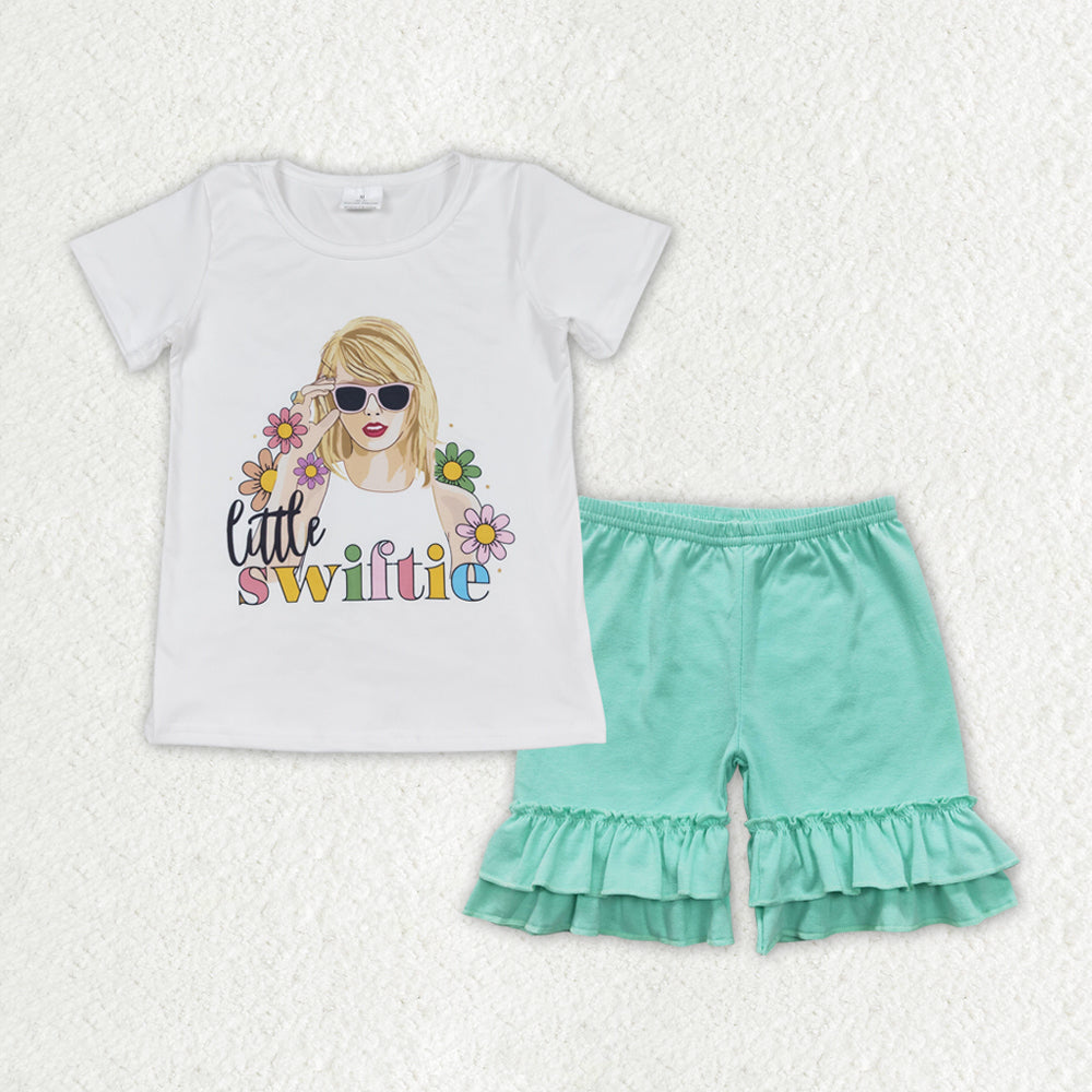 GSSO1384 country singer little swiftie short sleeve light green ruffles shorts girls set