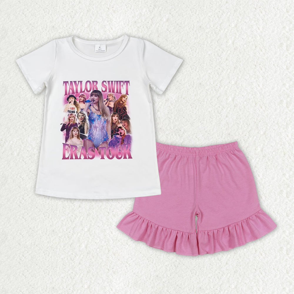 GSSO1389 country singer 1989 short sleeve pink ruffles shorts girls set