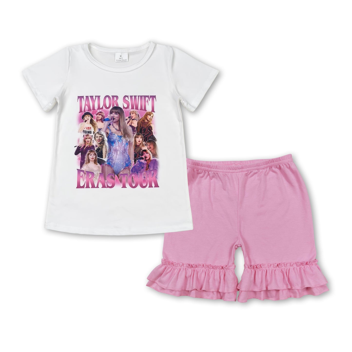 GSSO1390 country singer era tour short sleeve pink ruffles shorts girls set
